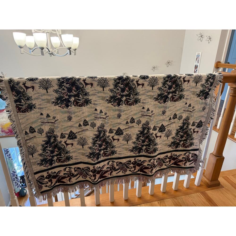 Vintage 90s Goodwin Weavers Winter Bunny Woven Throw Blanket USA 51x62 Cottage